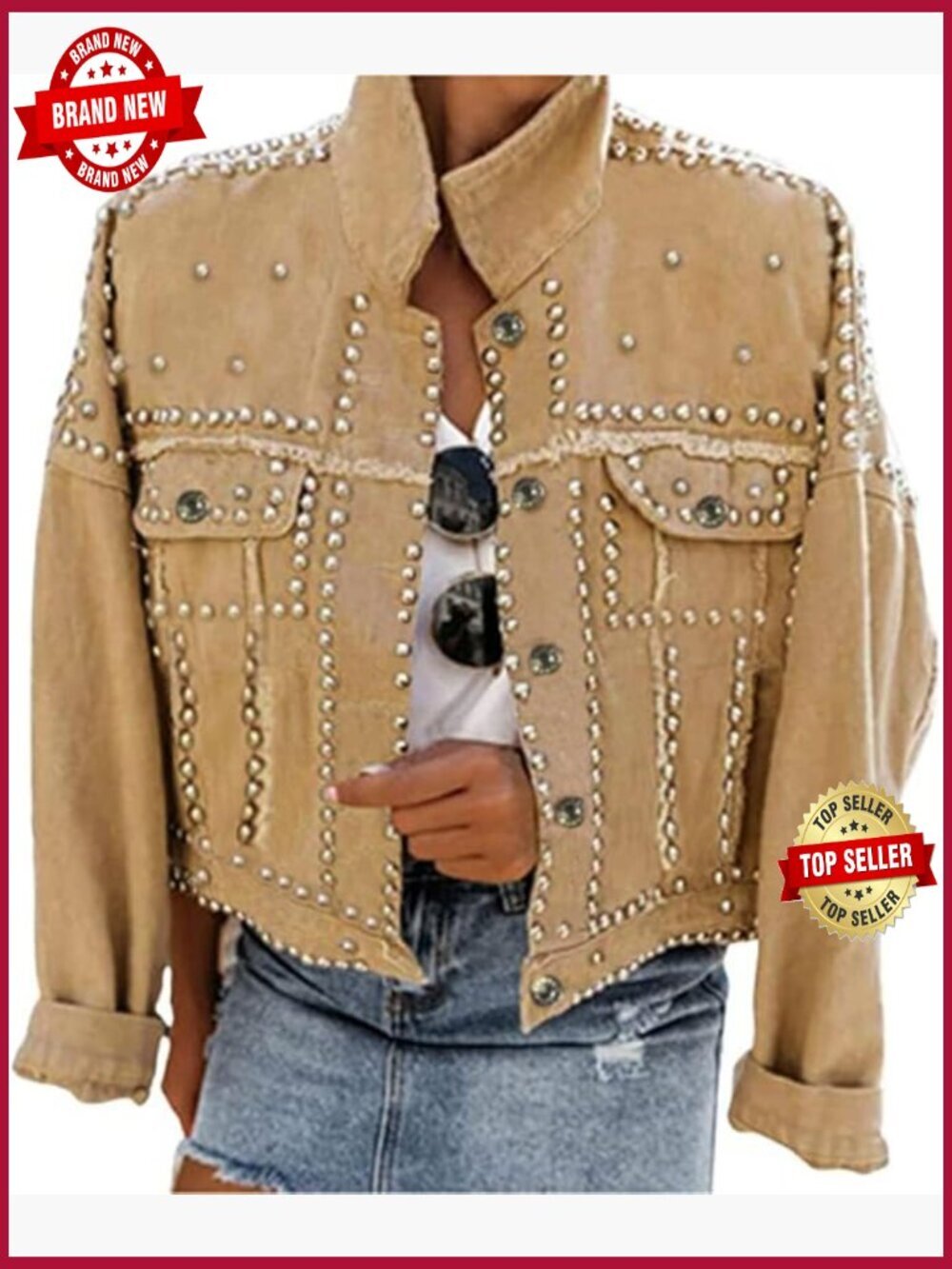 Long Sleeve Rivet Studded Denim Jacket Casual Washed Short Jean Coat Western